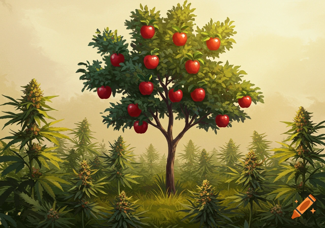 An apple tree in a field of cannabis plants.