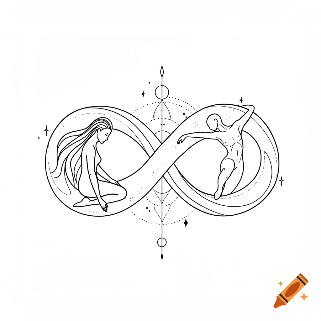 Black line art of two stylized figures forming an infinity symbol with geometric elements.