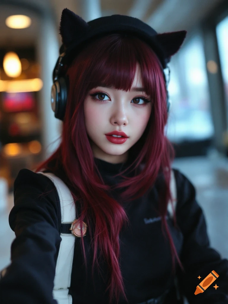A young woman with red hair, cat ears, and headphones poses for a portrait.