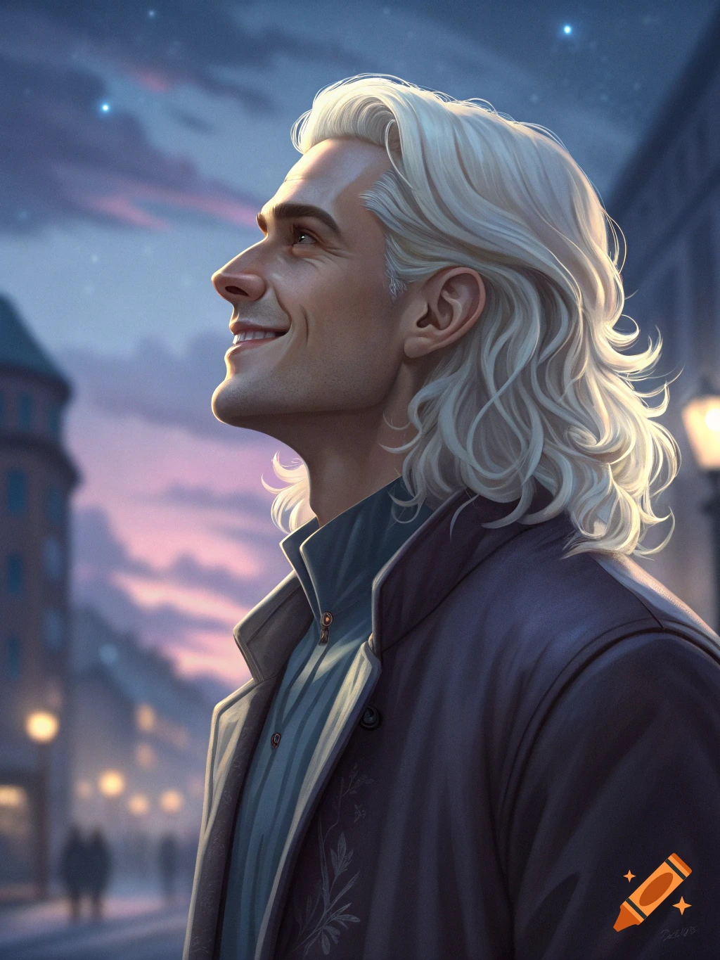 Portrait of a man with white hair looking up and smiling at twilight.