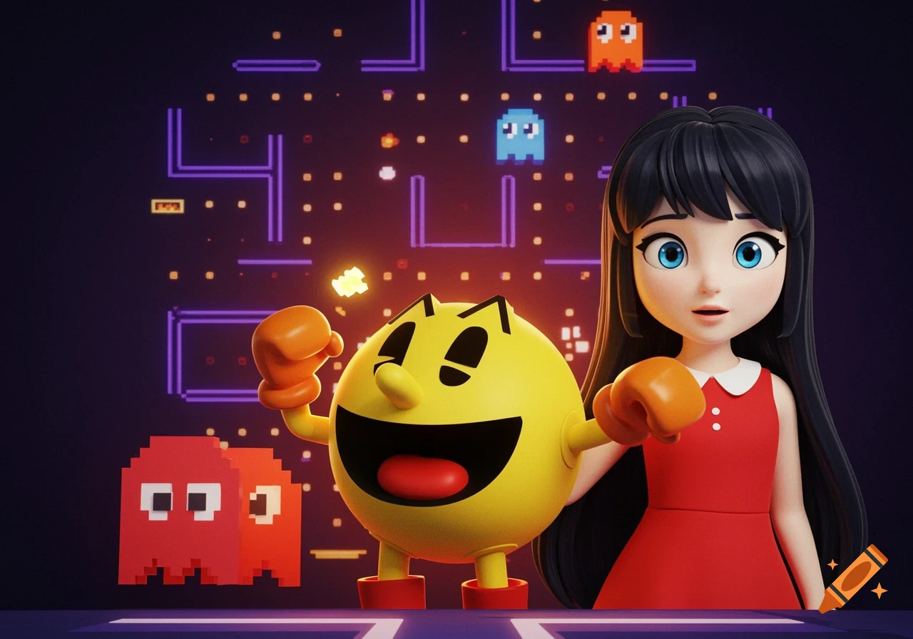 A stylized 3D rendering of Pac-Man and a girl in a red dress in a pixelated maze with ghosts.