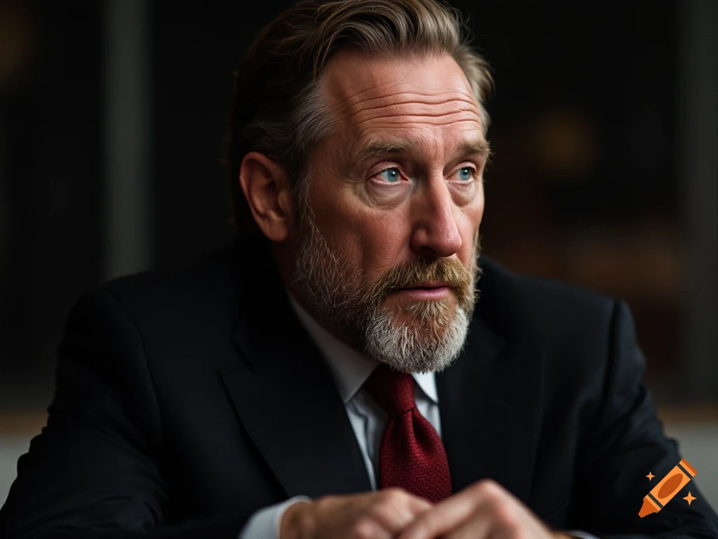 A close-up portrait of a man in a suit and red tie with a beard.