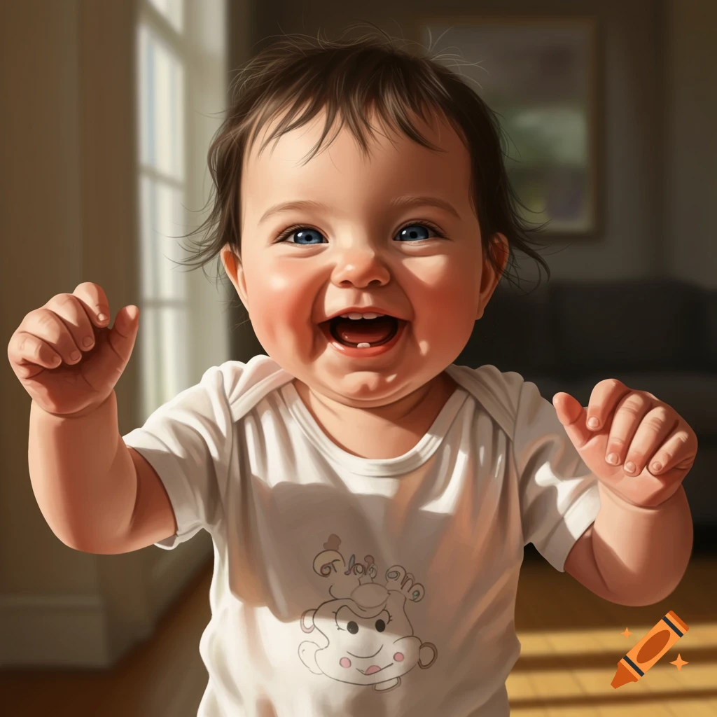 Realistic image of a joyful baby laughing and reaching.