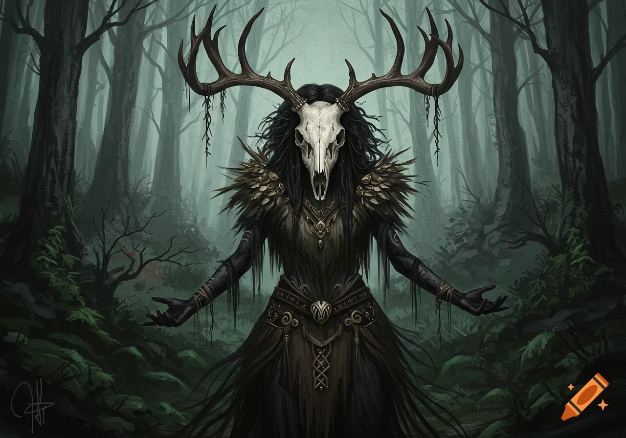 A fantasy figure with an antlered skull mask stands in a dark forest.