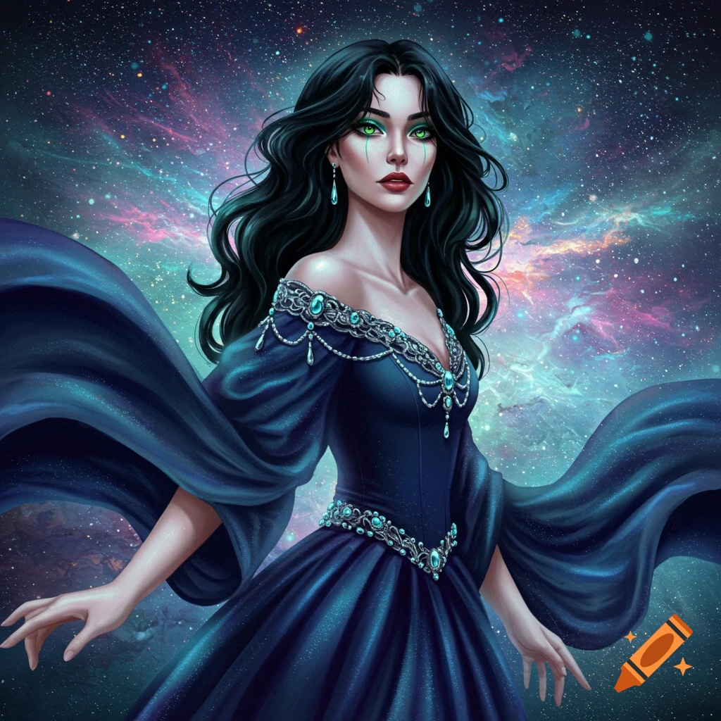 A fantasy woman in a blue dress against a cosmic background.