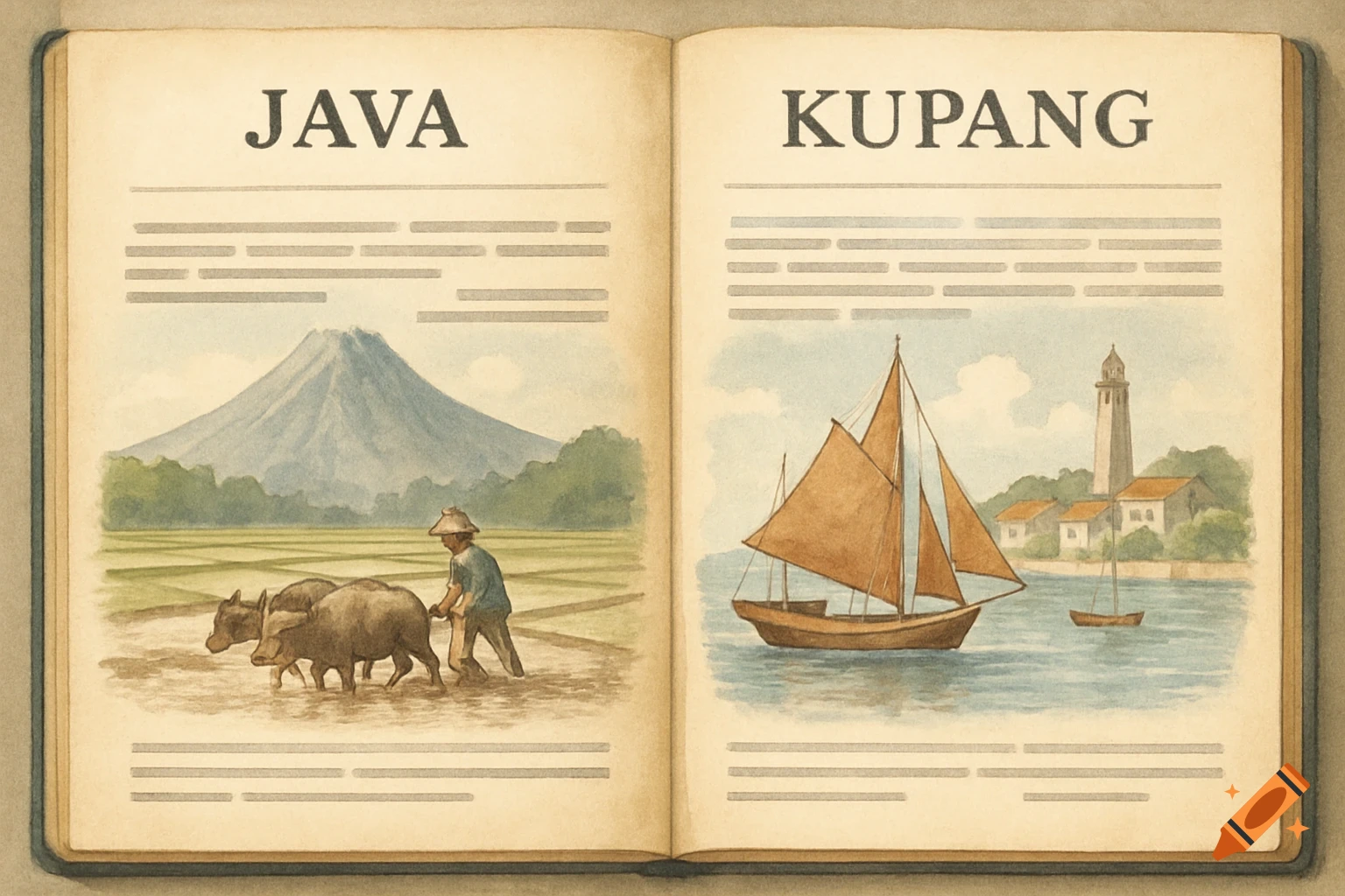 Watercolor illustration of an open textbook with pages titled JAVA and ...