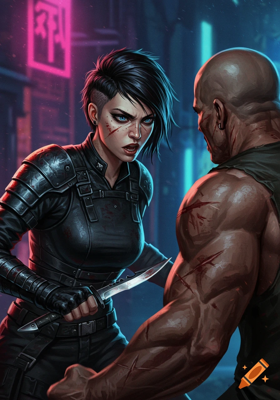 A woman in leather armor fights a large bald man in a dark, neon-lit alley. Digital art.
