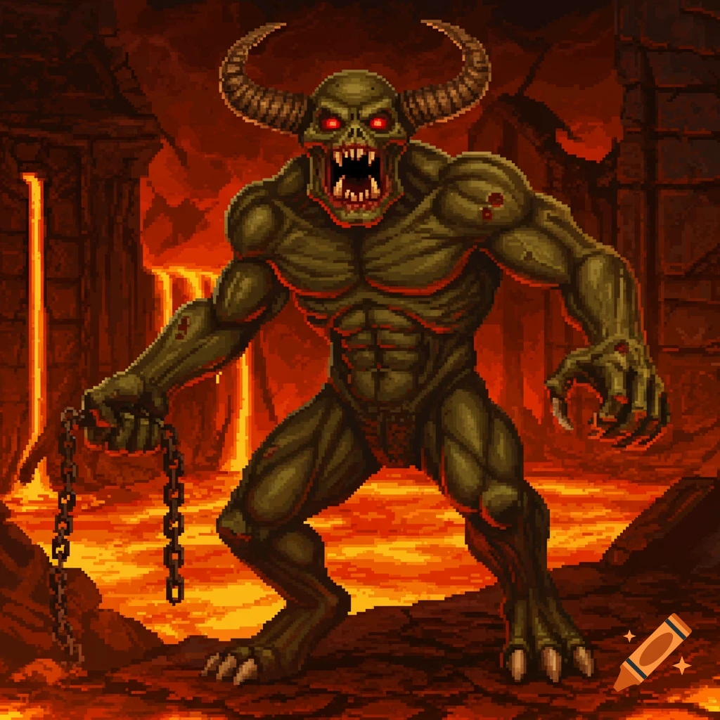Pixel art demon standing in a lava pit