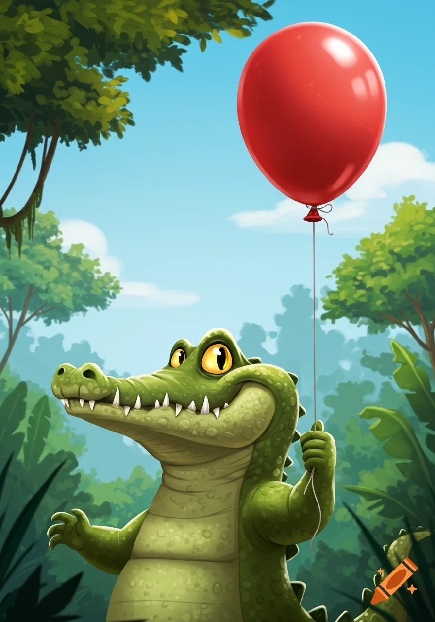 A happy cartoon crocodile holds a red balloon in a jungle.