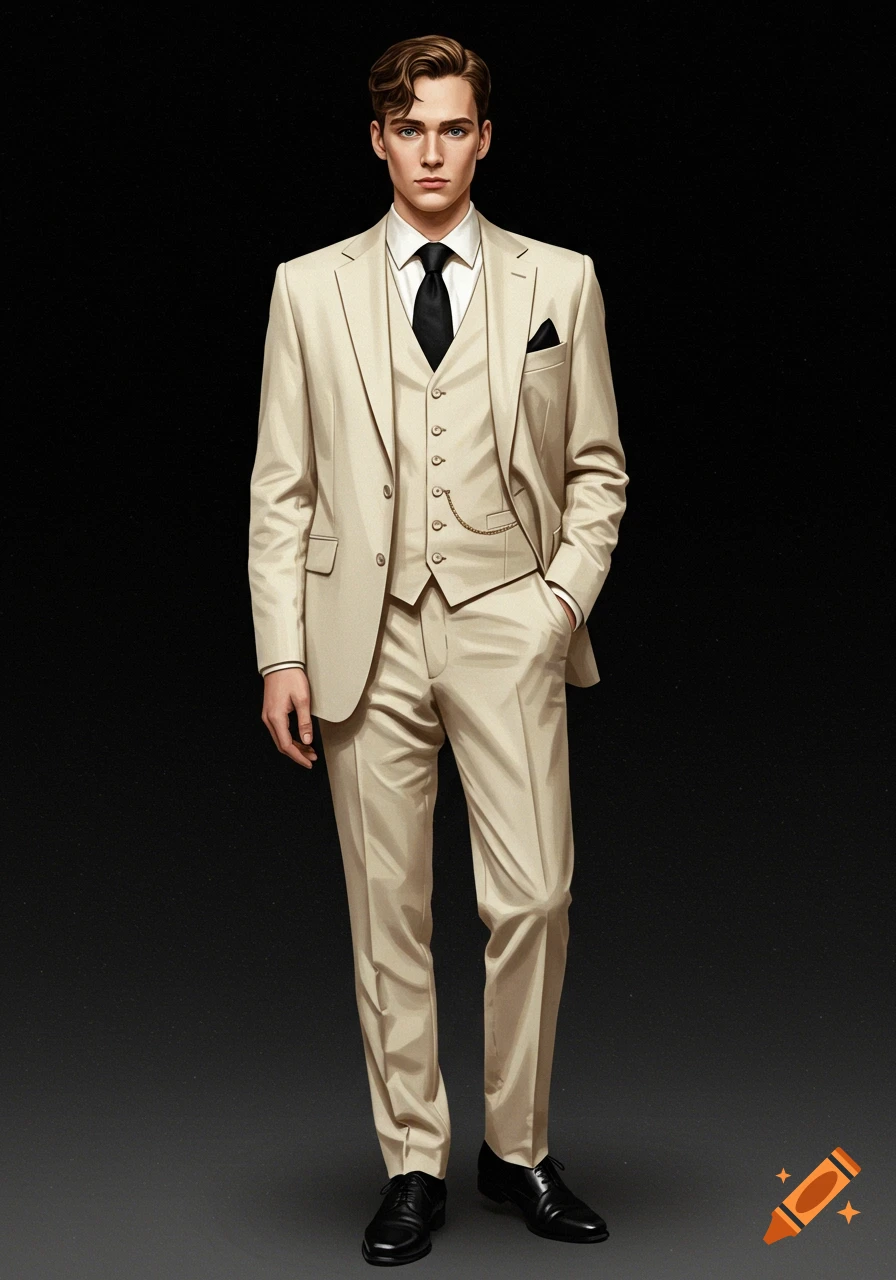 A man in an ivory suit with a black vest and black tie against a black background.