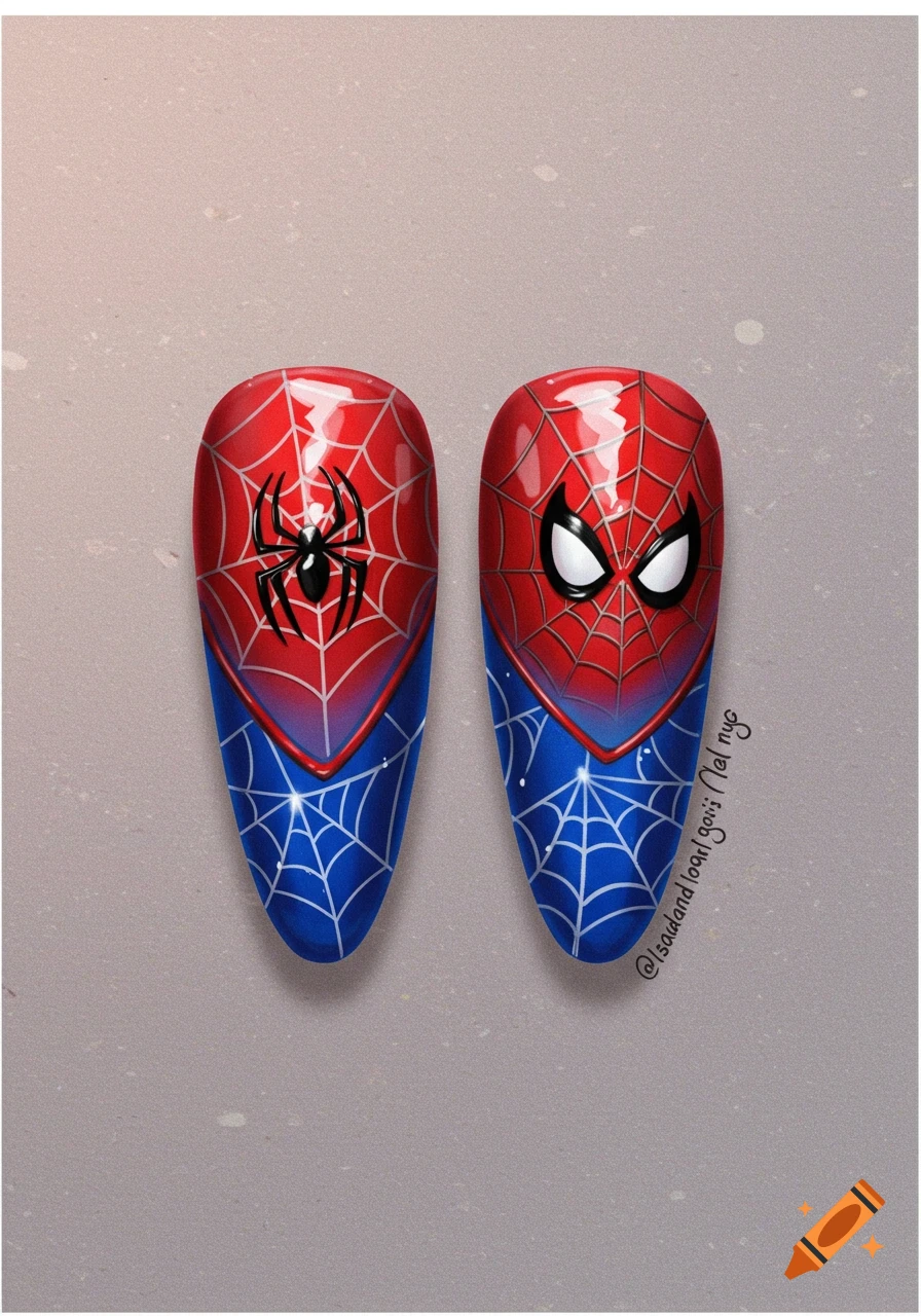 Two artificial nails painted with Spider-Man mask and spider symbol designs.