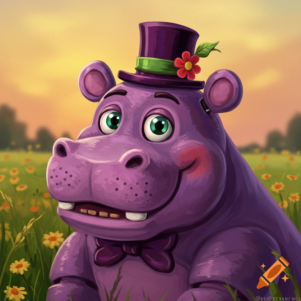 A purple hippo character wearing a top hat and bow tie is in a field of flowers at sunset.