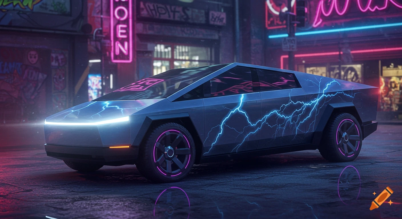 A Tesla Cybertruck with lightning effects on a neon-lit cyberpunk city street.