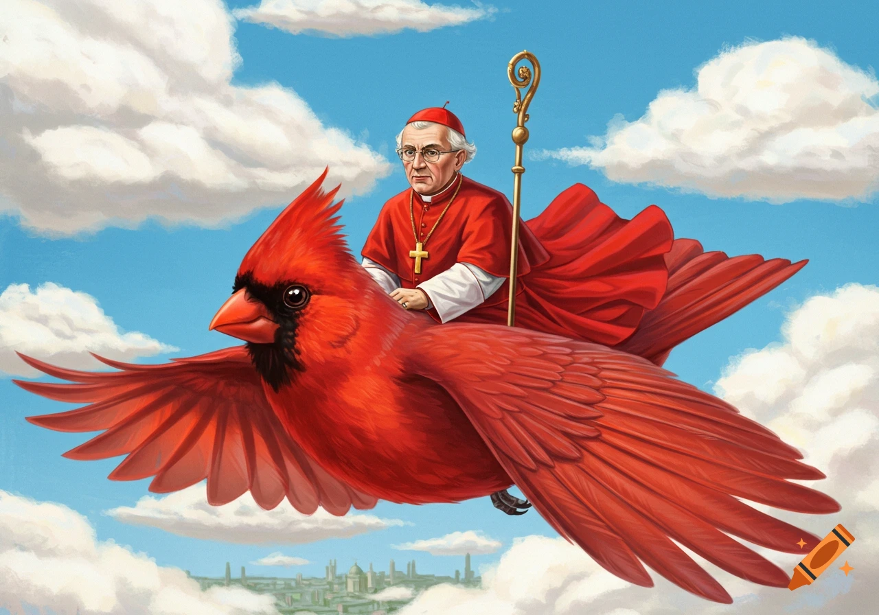 A church cardinal rides a large red cardinal bird through a cloudy sky.