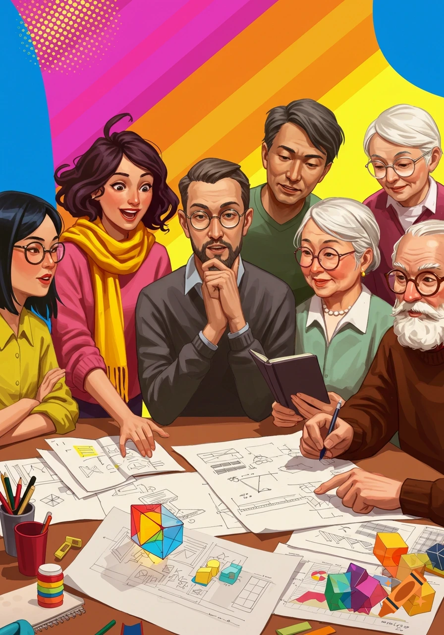 Diverse people collaborating around a table filled with sketches and colorful geometric objects.