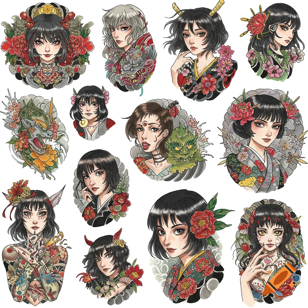 Illustrations of anime women with Japanese tattoo designs featuring flowers, dragons, and demons.