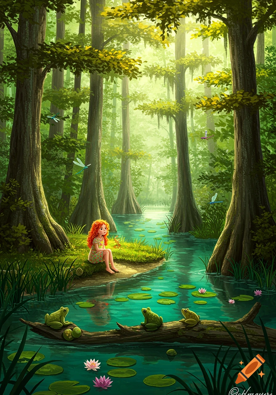 A whimsical scene of a red-haired girl sitting by a bayou with frogs, dragonflies, and tall cypress trees.