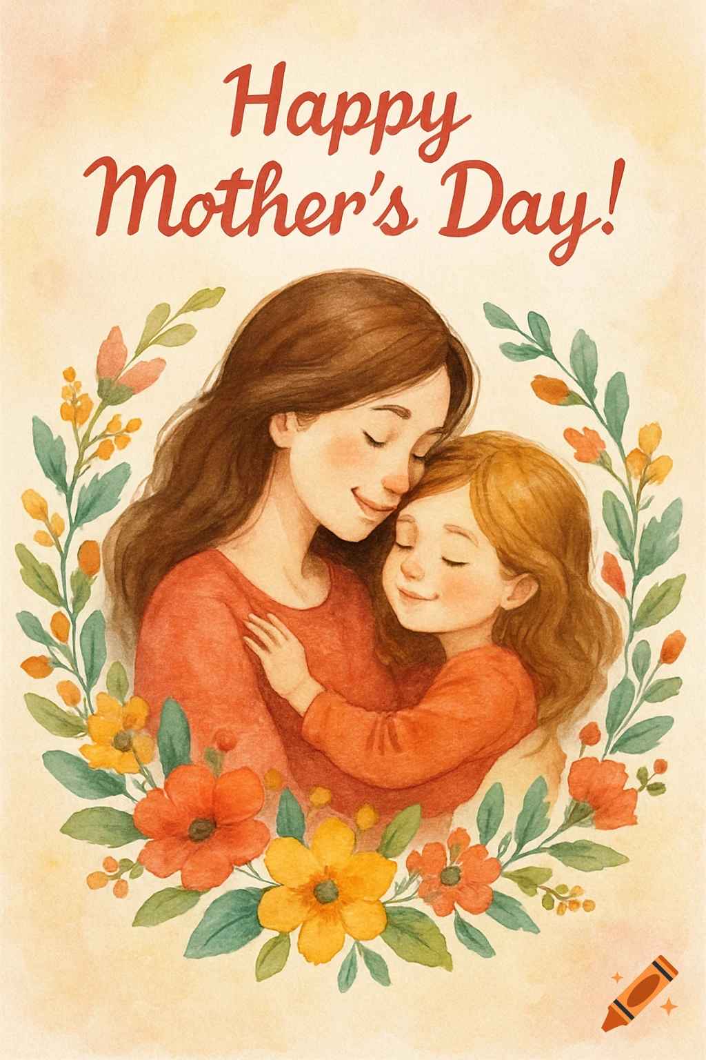 Watercolor painting of a mother and child hugging, surrounded by flowers, with 'Happy Mother's Day!' text.
