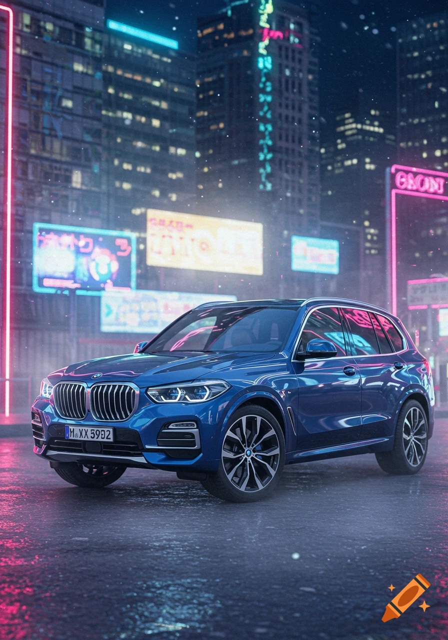 Blue BMW SUV parked on a wet city street at night with neon signs.