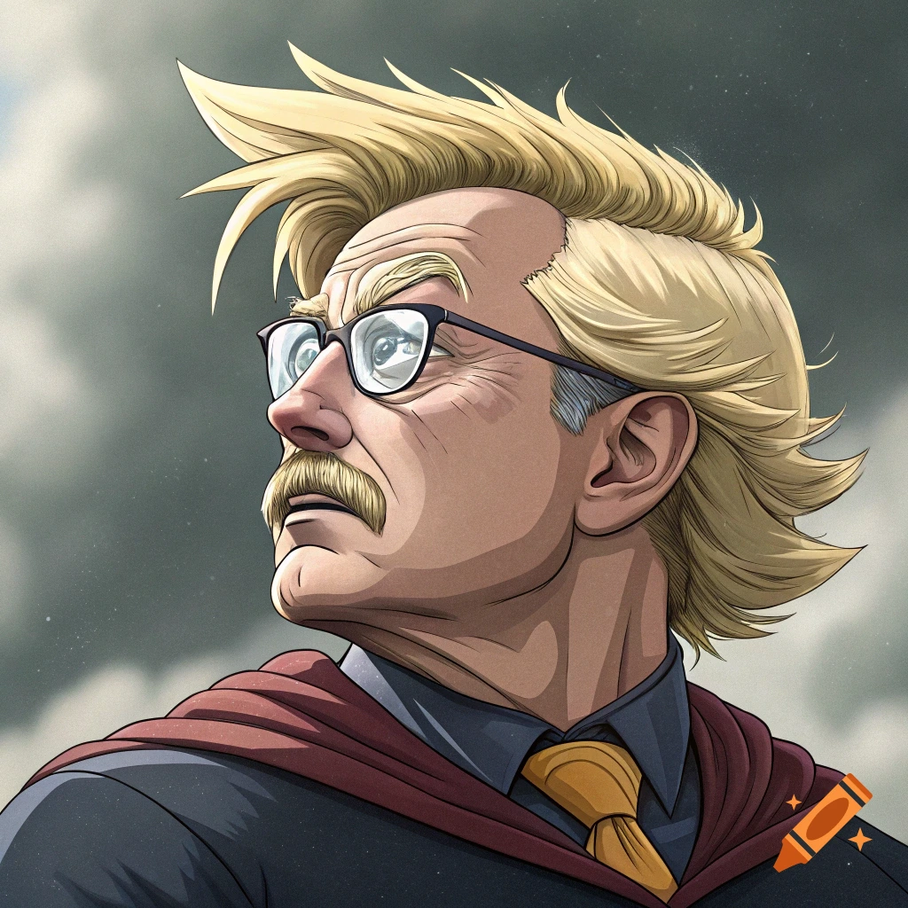 Anime style portrait of a man with blond spiky hair, glasses, and a mustache, wearing a cape and tie, against a cloudy sky.