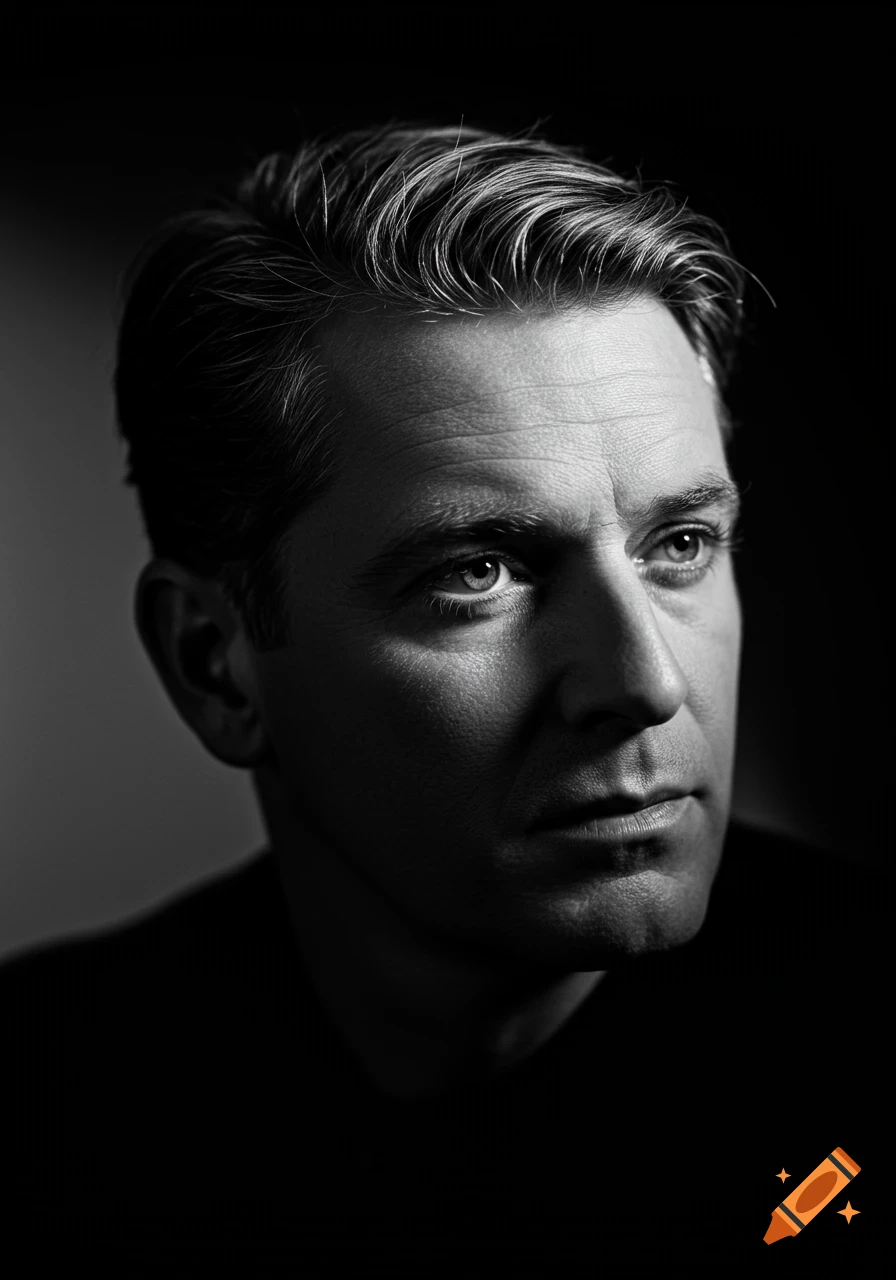 A black and white portrait of a man in dramatic lighting