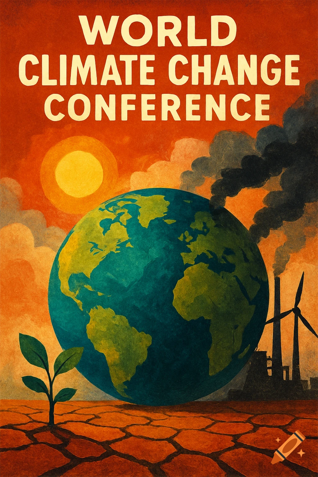 Poster about climate change showing dry cracked earth, a globe, smoke stacks, a wind turbine, and a small plant against a fiery sky.