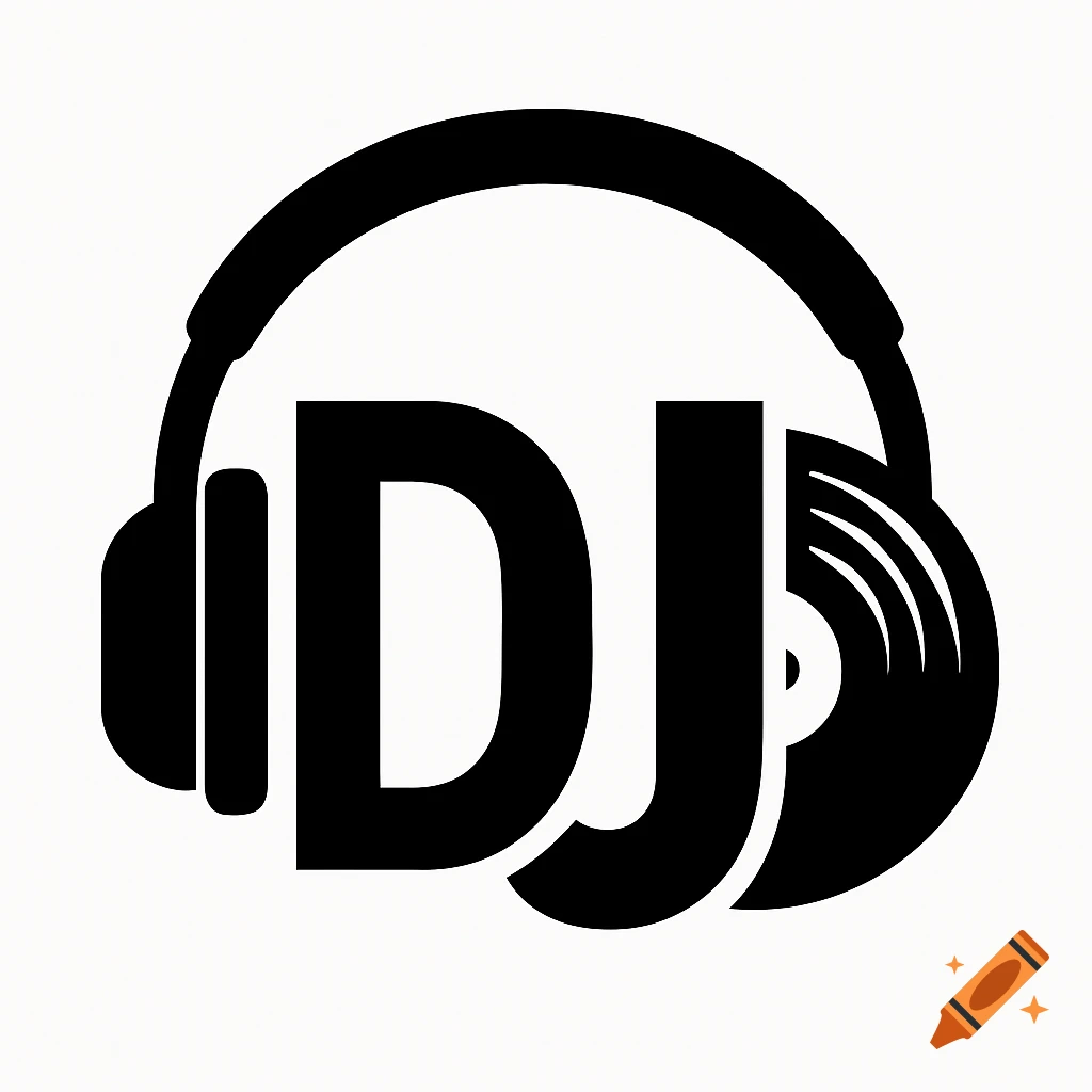 Black and white logo with headphones, the letters DJ, and a vinyl record.