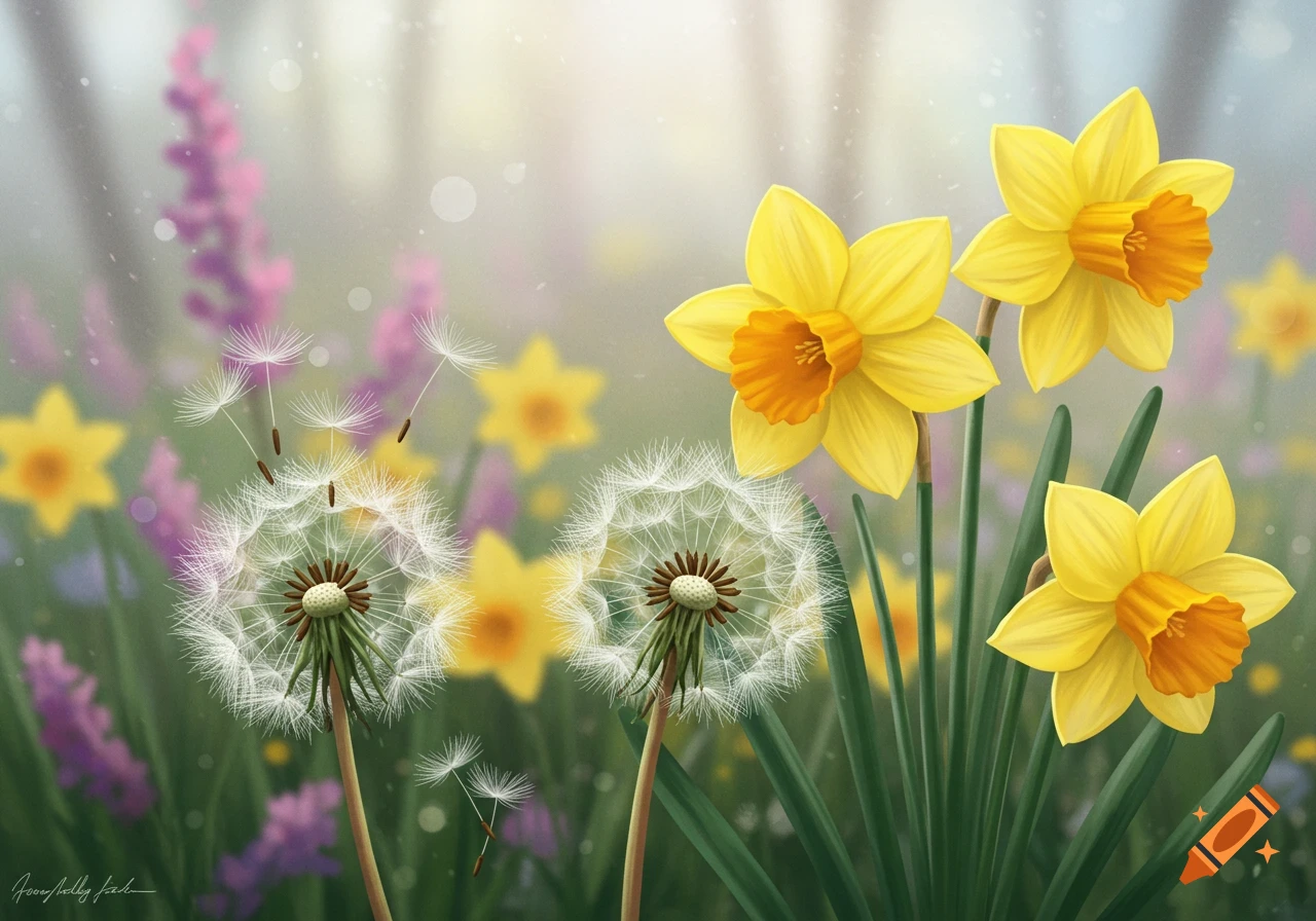 Yellow daffodils and white dandelion clocks in a misty field.