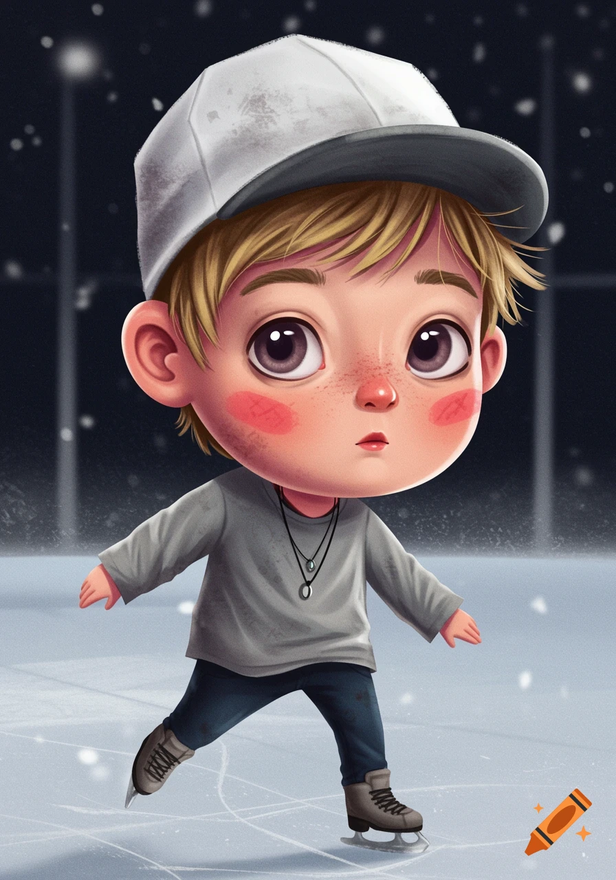 A cute cartoon boy in a cap and grey shirt ice skating