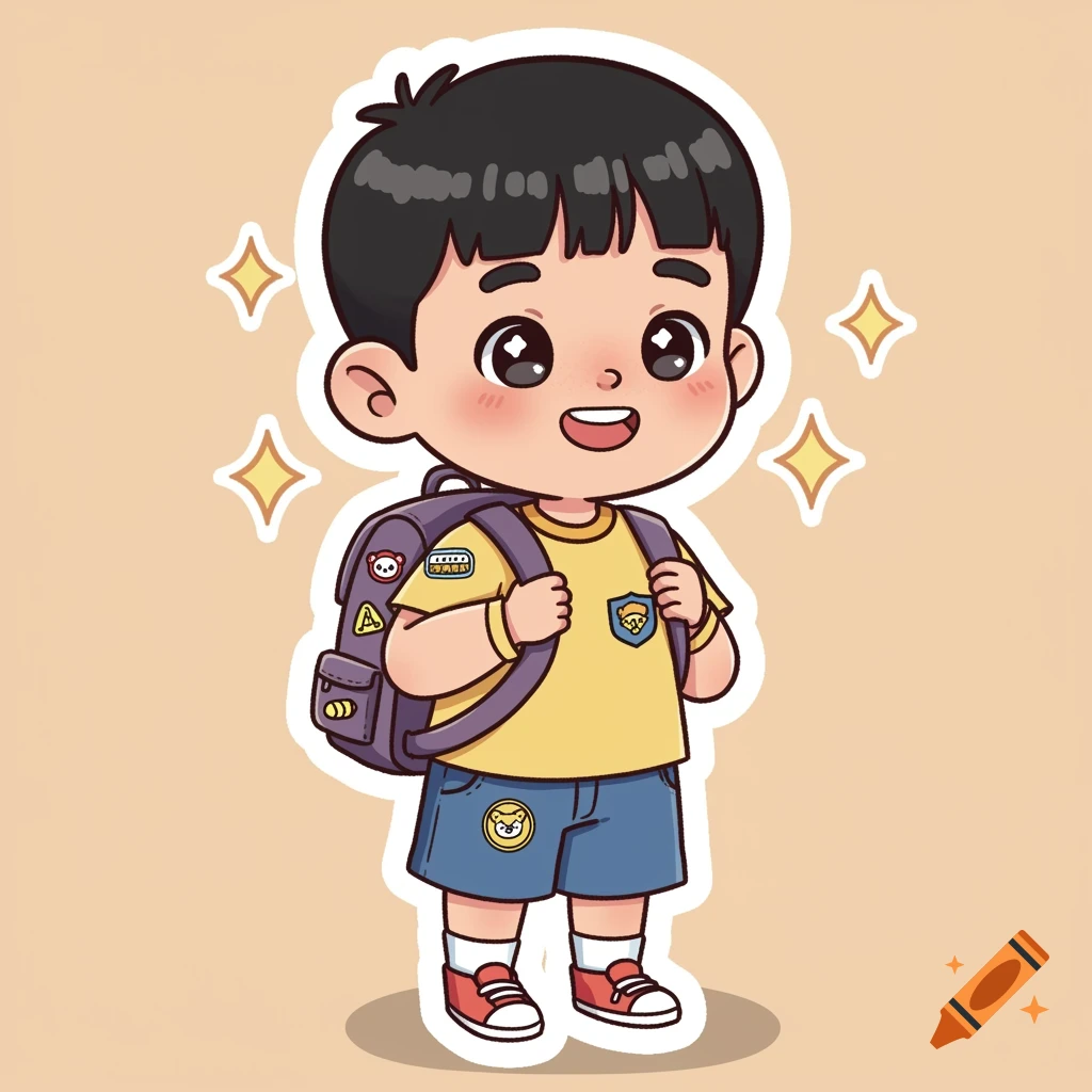 Cute cartoon boy with a backpack smiles, ready for school.