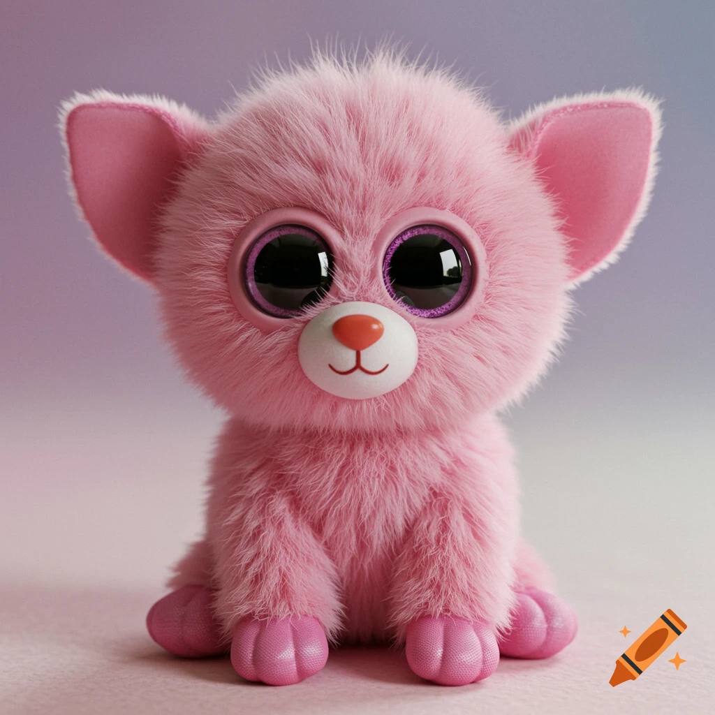A high-quality photo of a pink fluffy plush toy with large sparkly eyes.