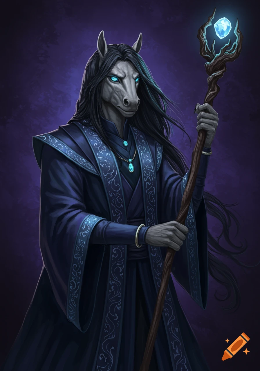 An anthropomorphic horse wizard in a dark robe, holding a staff with a glowing crystal.