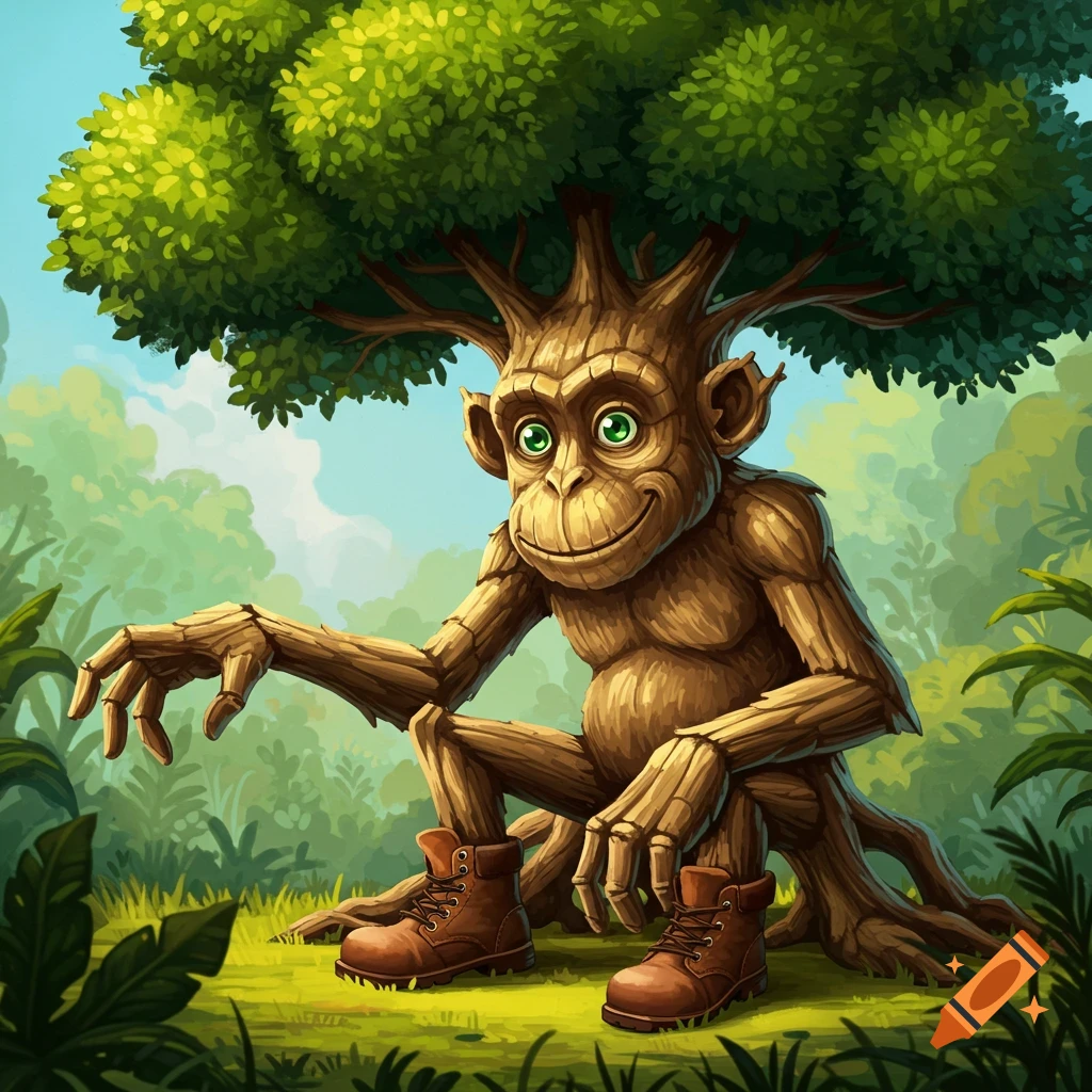 Image of a tree creature resembling a monkey wearing boots in a forest.