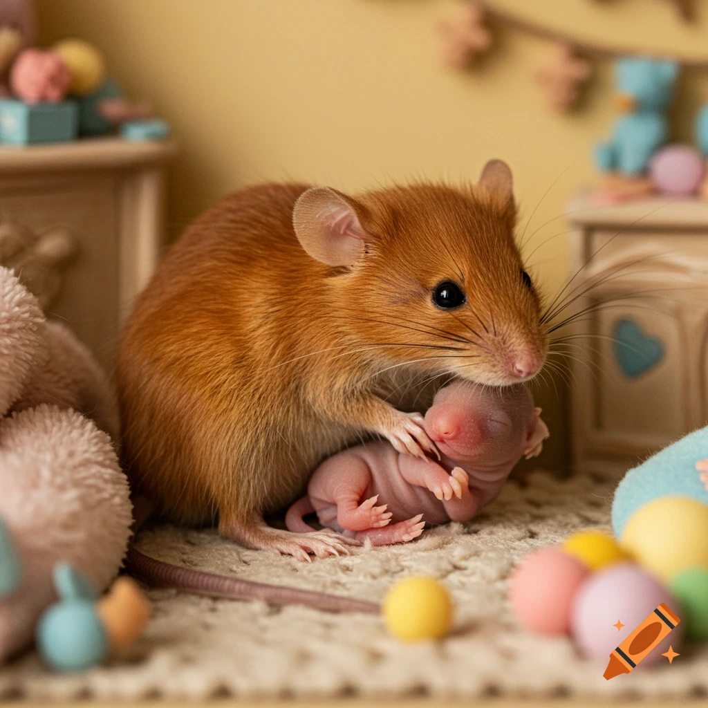 A mother mouse cradles her tiny newborn pup in a miniature nursery