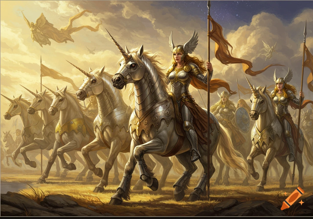 Armored Valkyries riding armored unicorns