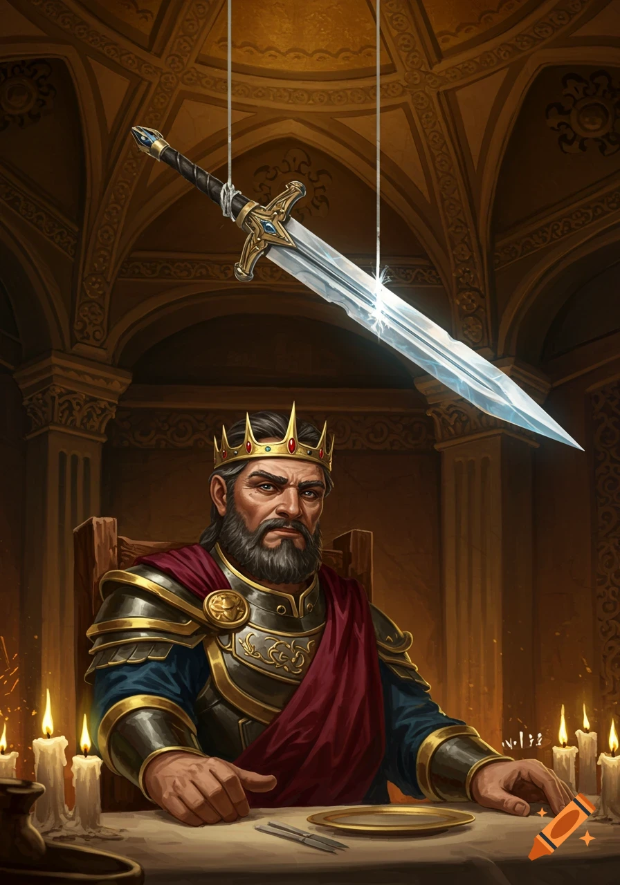 A king is seated at a table under a sword hanging by a thread.