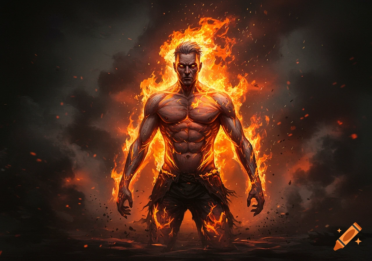 Muscular man engulfed in flames and ash