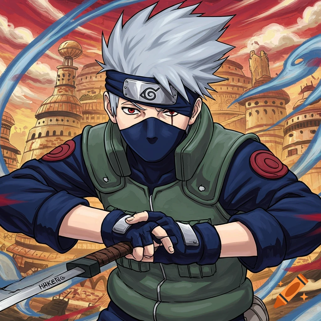 Anime character Kakashi from Naruto in combat pose with a sword.