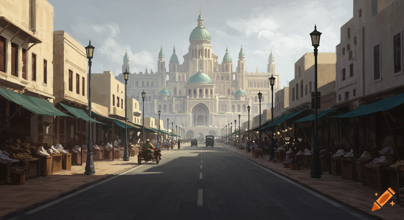 A street market leads to a grand palace under a gray sky.