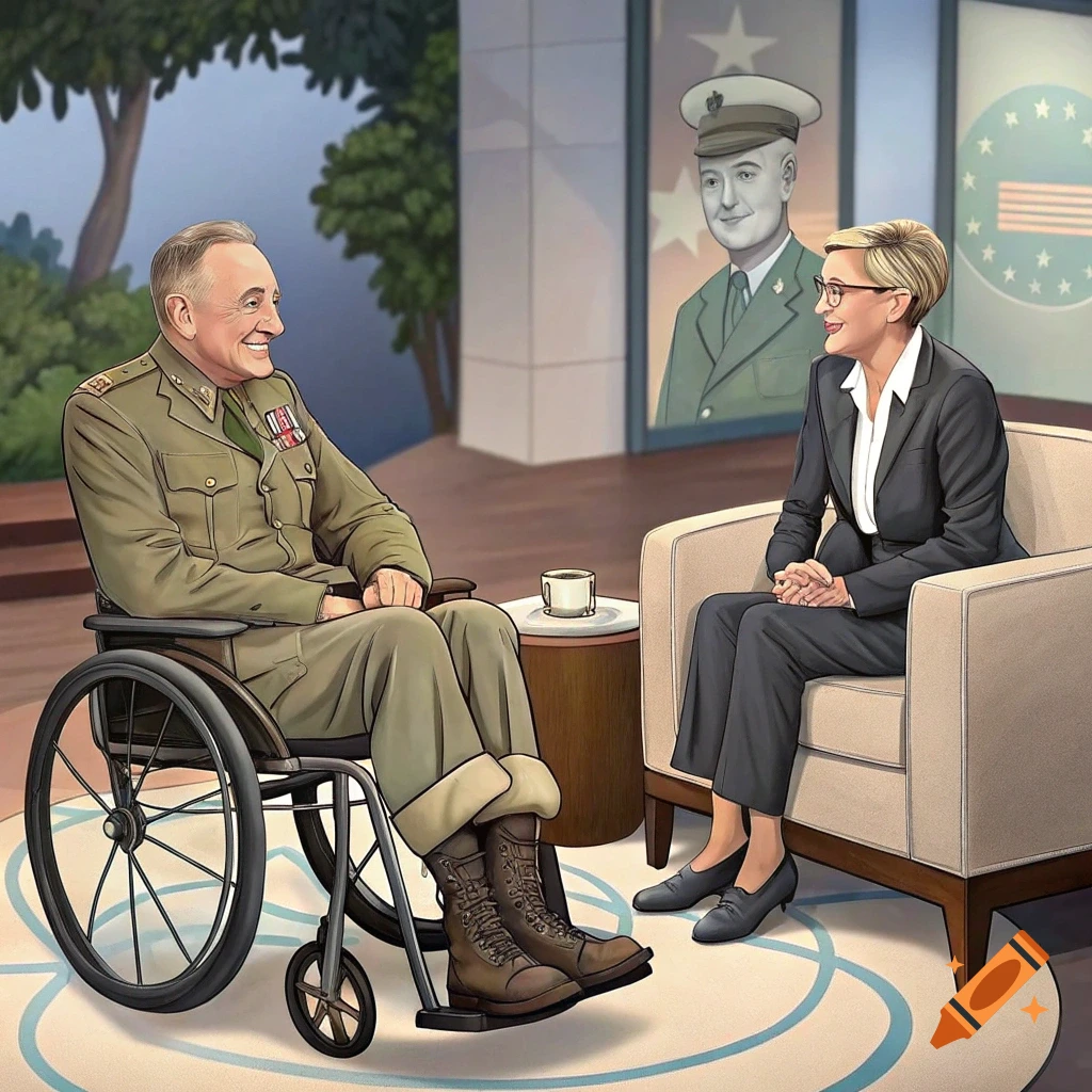 Illustration of a man in military uniform in a wheelchair talking to a woman in a suit, with a military portrait and emblem in the background.