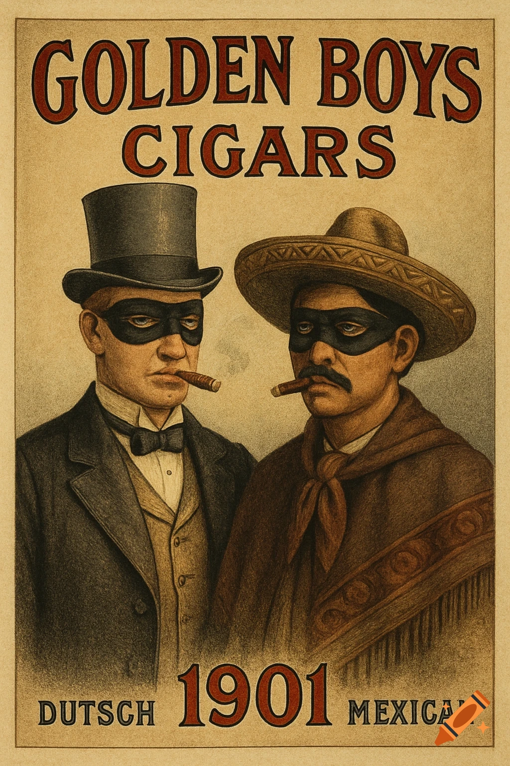 Vintage poster of two masked men smoking cigars, text reads 'GOLDEN BOYS CIGARS 1901'.
