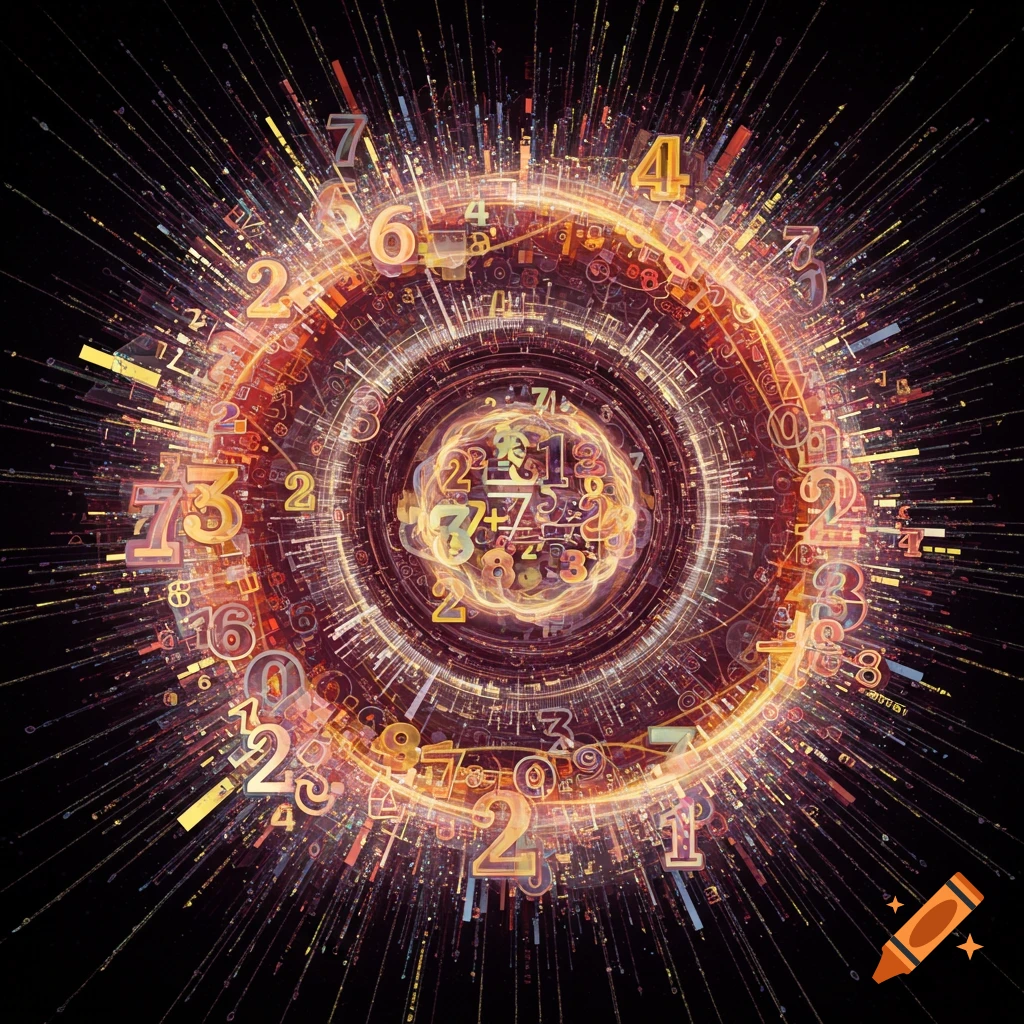 Abstract image of glowing numbers and symbols radiating outwards in a circular pattern.