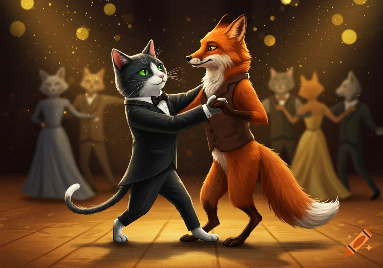 A tuxedo cat is dancing with a fox at a formal event