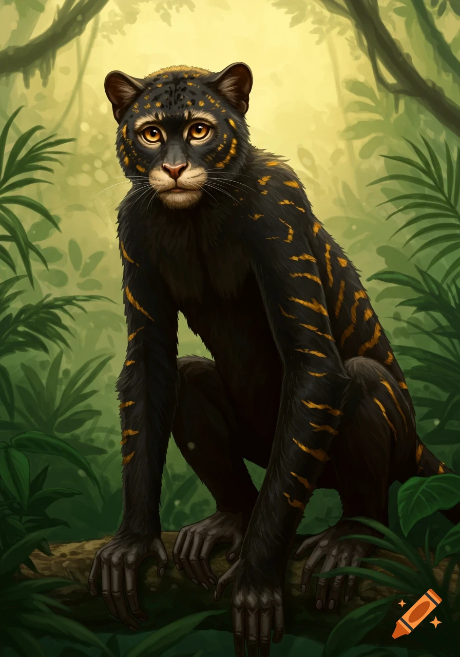 A feline-primate hybrid creature is in a jungle