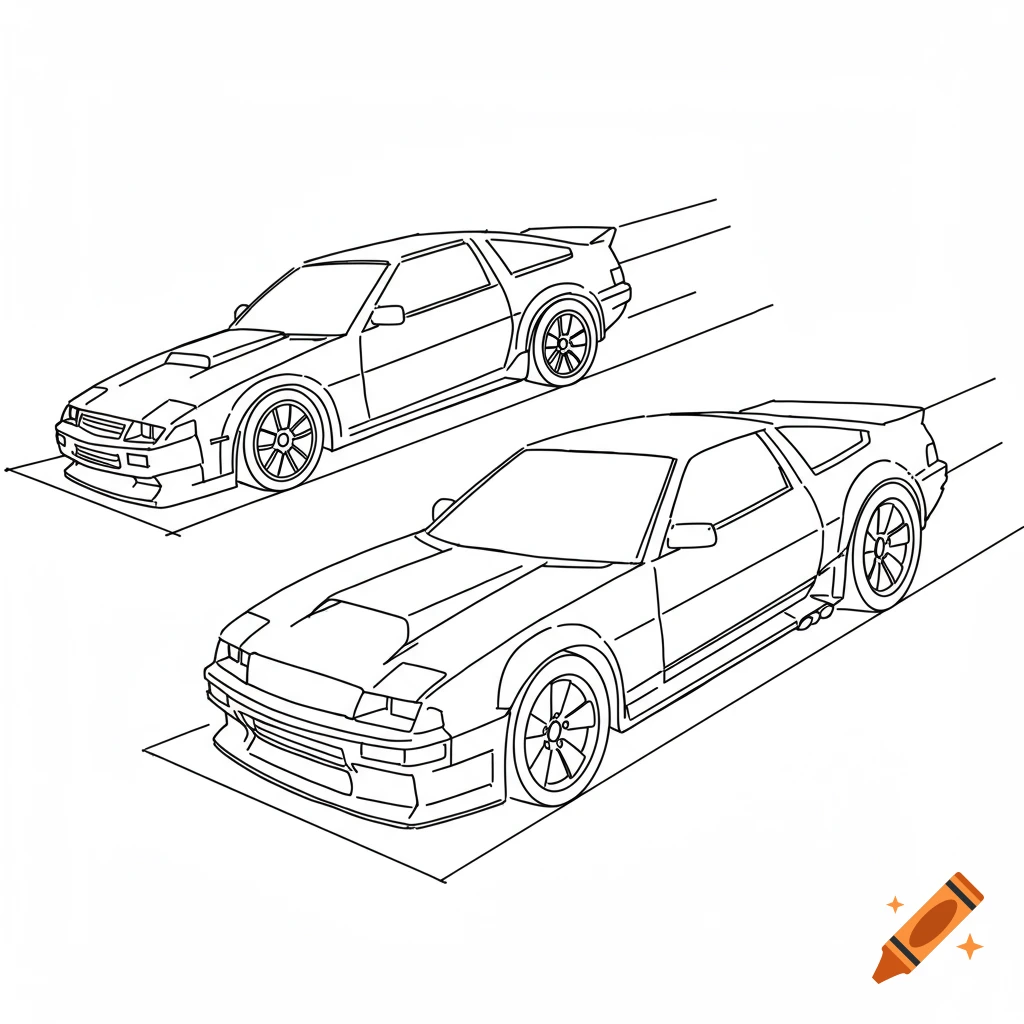 Minimalist line drawing of two cars