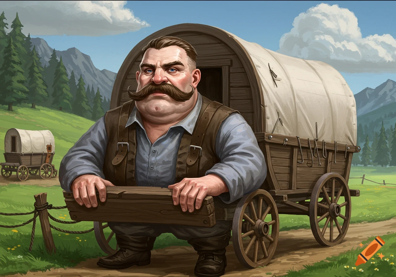 A large man with a huge mustache next to a covered wagon in a landscape.