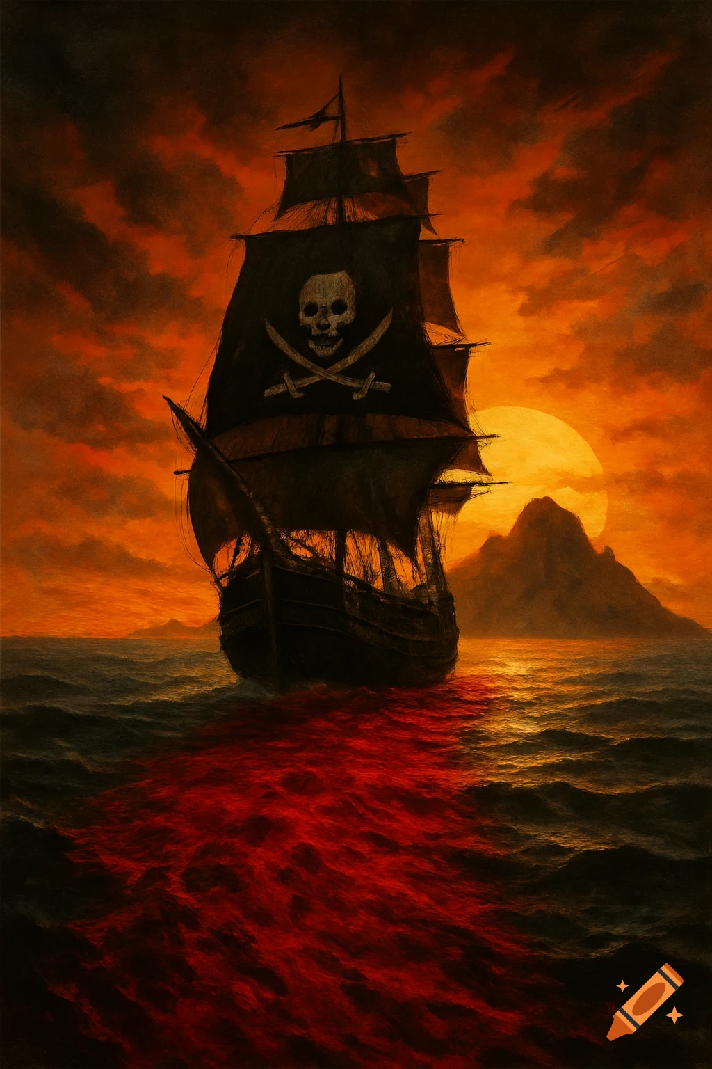 A pirate ship sailing on a dark sea leaving a red trail towards an island under an orange sunset.