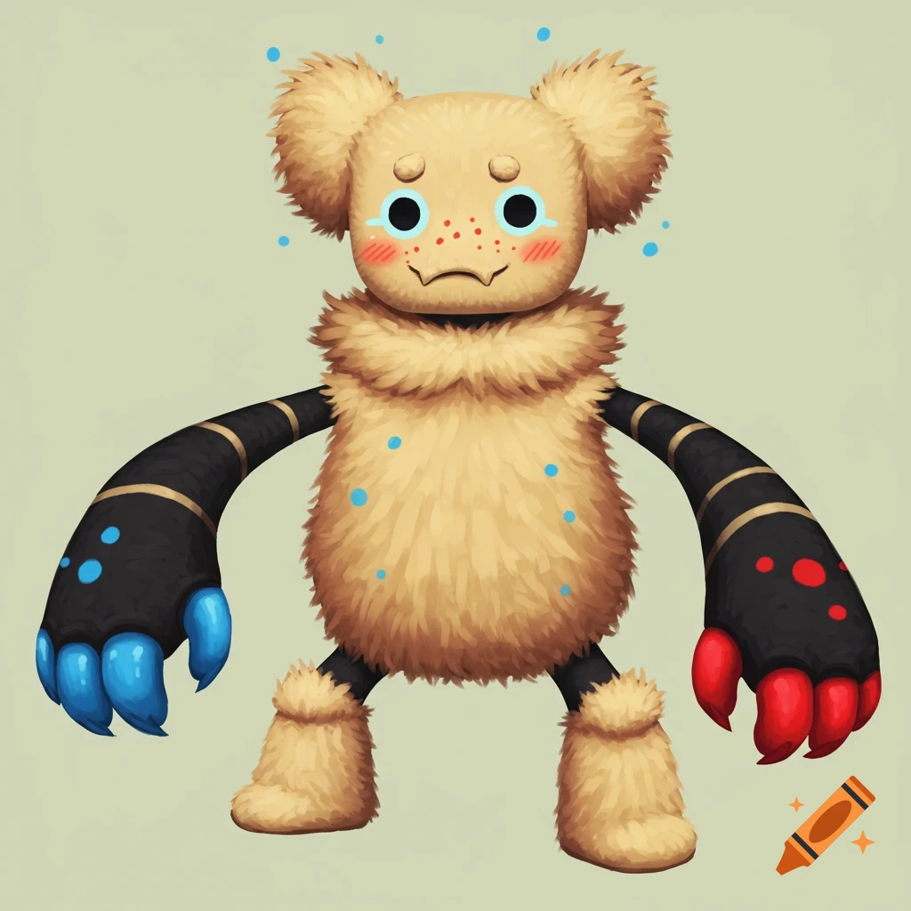A fluffy beige creature with red and blue hands and furry feet, digital illustration.