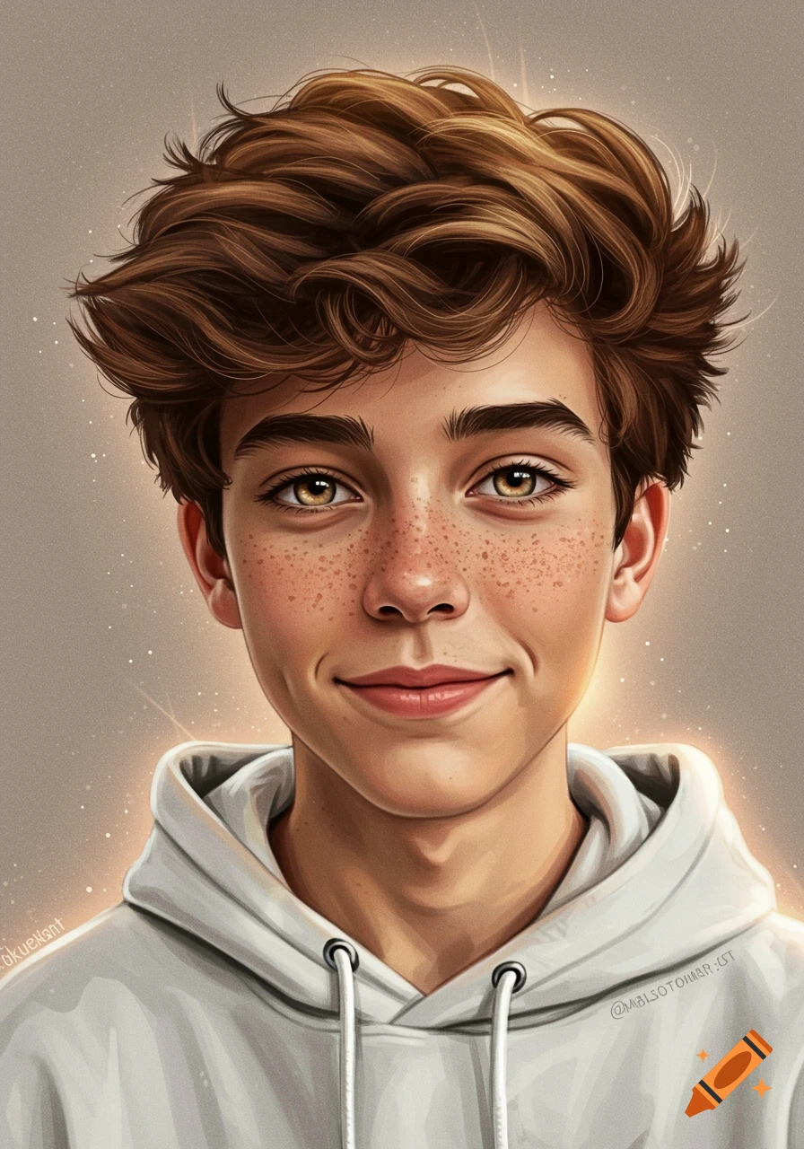A close-up portrait of a smiling teenage boy with brown hair and freckles wearing a white hoodie.