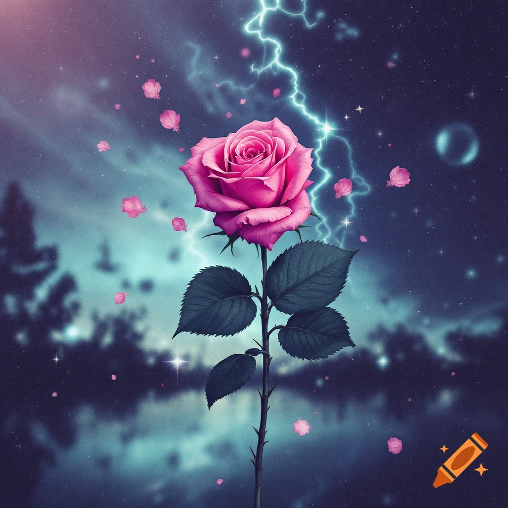A vibrant pink rose stands against a dark, starry sky with lightning and falling petals.